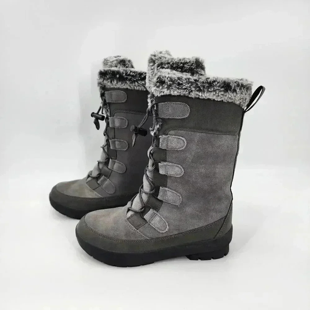 Thermolite EcoMade Gray Fur Lined Suede Mid Calf Winter Boots Girls Size 3‎